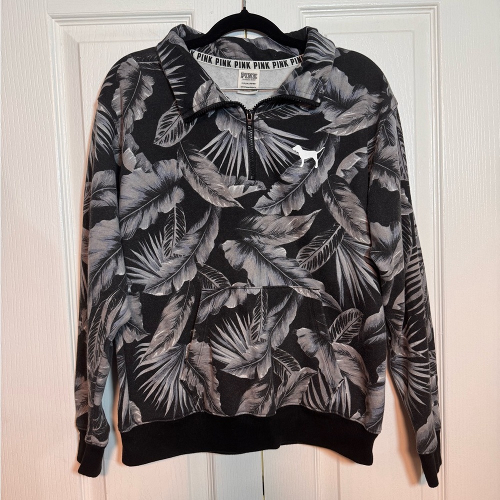 Victoria's Secret PINK black & grey tropical print quarter zip hoodie 2017 small